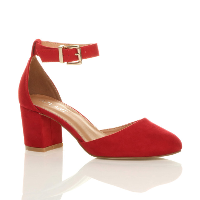 Front right side view of Red Suede Mid Block Heel Ankle Strap Sandals Court Shoes