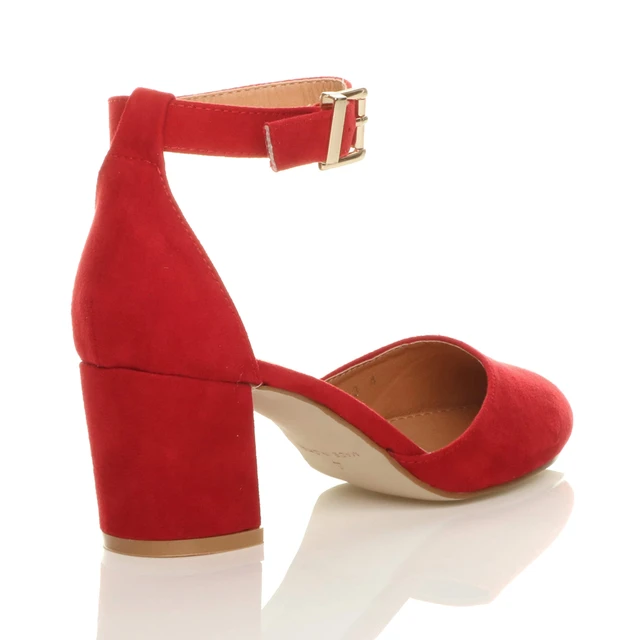 Back right side view of Red Suede Mid Block Heel Ankle Strap Sandals Court Shoes