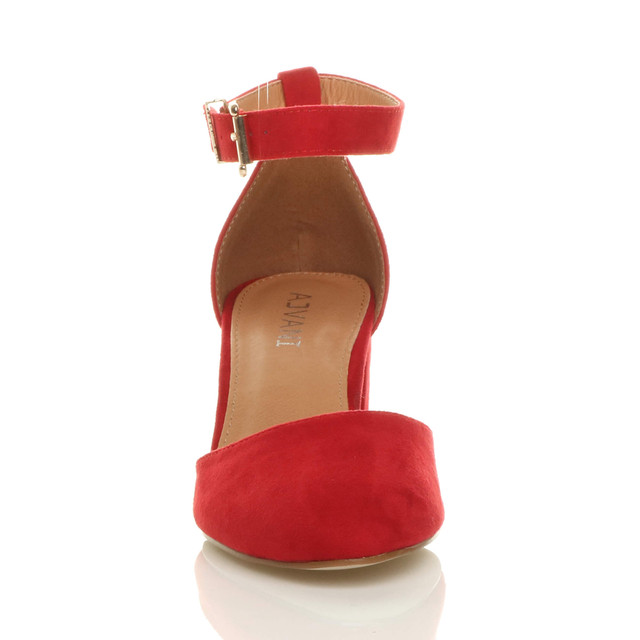 Front view of Red Suede Mid Block Heel Ankle Strap Sandals Court Shoes