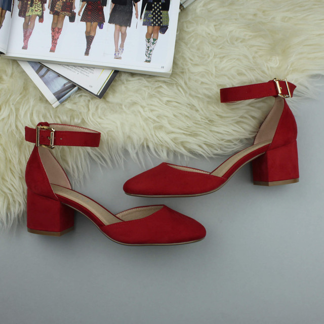 Closeup view of features of Red Suede Mid Block Heel Ankle Strap Sandals Court Shoes