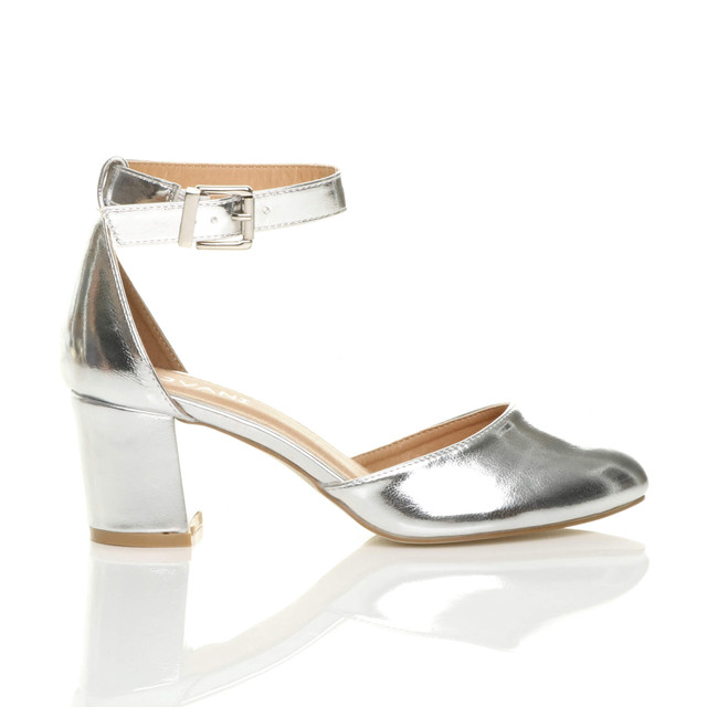 Right side view of Silver PU Mid Block Heel Ankle Strap Sandals Court Shoes