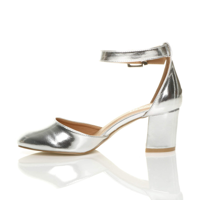 Left side view of Silver PU Mid Block Heel Ankle Strap Sandals Court Shoes