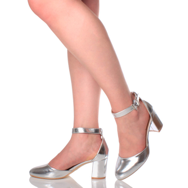 Model wearing Silver PU Mid Block Heel Ankle Strap Sandals Court Shoes