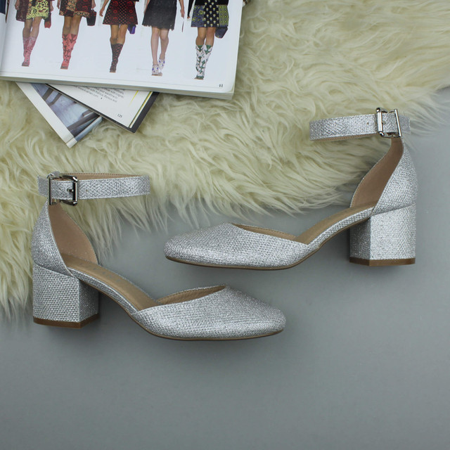 Closeup view of features of Silver Glitter Mid Block Heel Ankle Strap Sandals Court Shoes