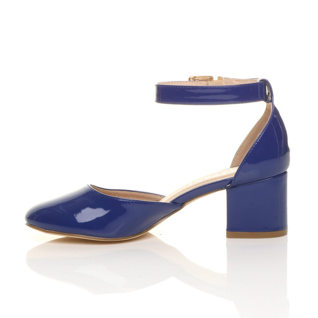 Left side view of Cobalt Blue Patent Mid Block Heel Ankle Strap Sandals Court Shoes
