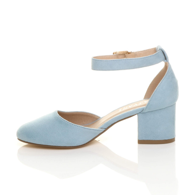 Left side view of Pale Blue Suede Mid Block Heel Ankle Strap Sandals Court Shoes