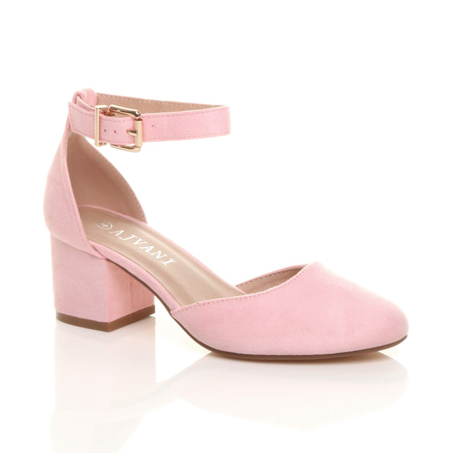 Front right side view of Pale Pink Suede Mid Block Heel Ankle Strap Sandals Court Shoes