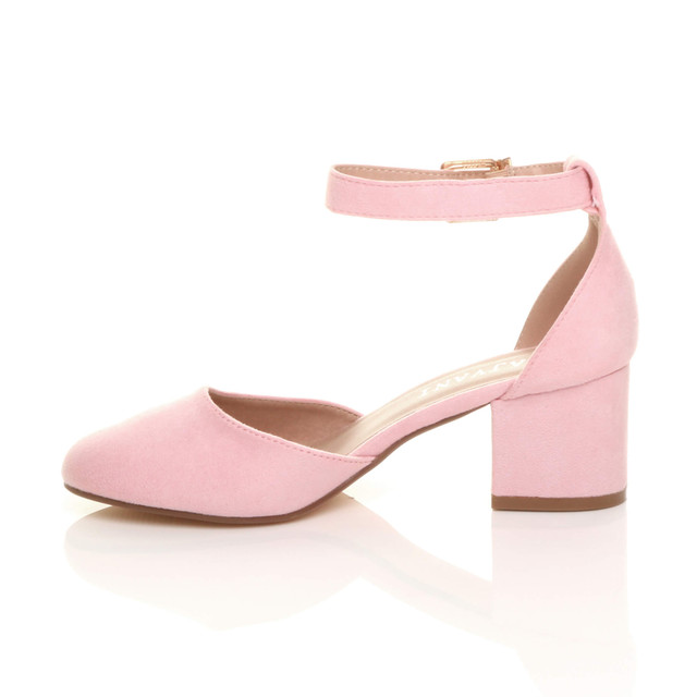 Left side view of Pale Pink Suede Mid Block Heel Ankle Strap Sandals Court Shoes