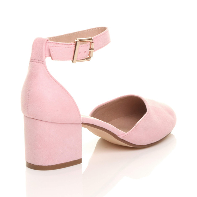 Back right side view of Pale Pink Suede Mid Block Heel Ankle Strap Sandals Court Shoes