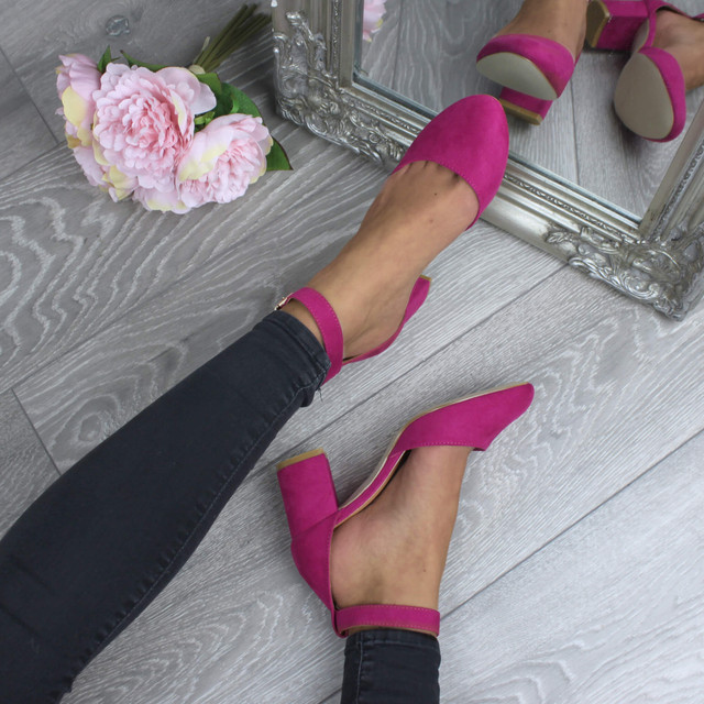 Model wearing Fuchsia Pink Suede Mid Block Heel Ankle Strap Sandals Court Shoes