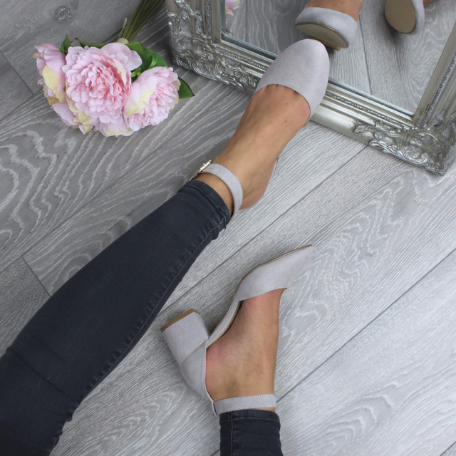 Model wearing Grey Suede Mid Block Heel Ankle Strap Sandals Court Shoes