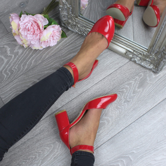 Model wearing Red Patent Mid Block Heel Ankle Strap Sandals Court Shoes