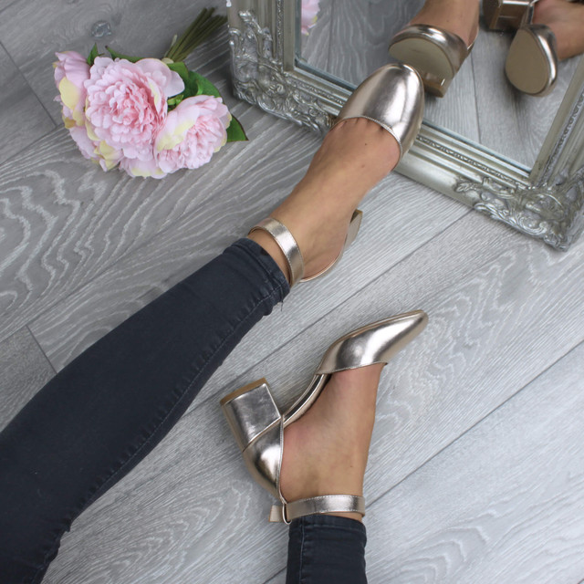 Model wearing Rose Gold PU Mid Block Heel Ankle Strap Sandals Court Shoes