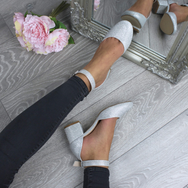 Model wearing Silver Glitter Mid Block Heel Ankle Strap Sandals Court Shoes