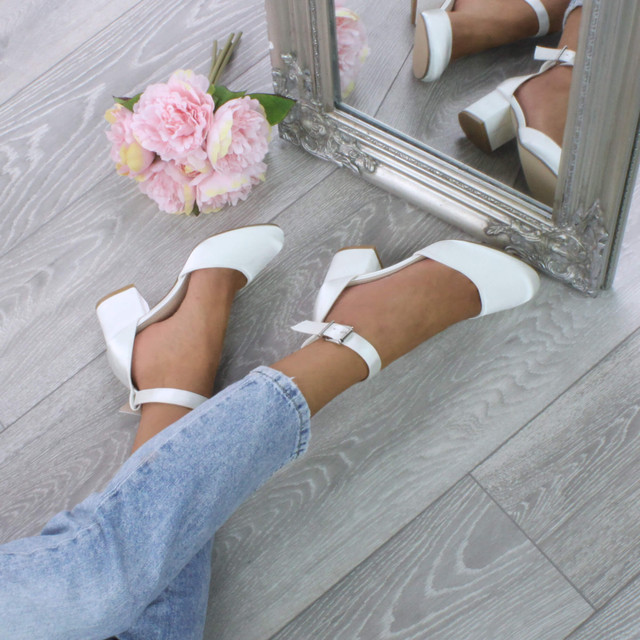 Model wearing Ivory Satin Mid Block Heel Ankle Strap Sandals Court Shoes