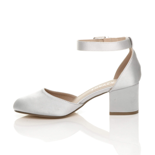 Left side view of Silver Satin Mid Block Heel Ankle Strap Sandals Court Shoes