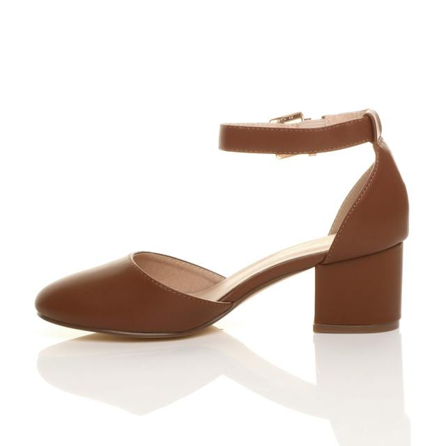 Left side view of Tan PU Mid Block Heel Ankle Strap Sandals Court Shoes