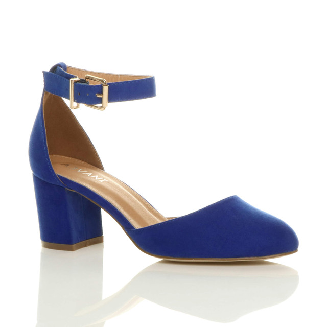 Front right side view of Cobalt Blue Suede Mid Block Heel Ankle Strap Sandals Court Shoes
