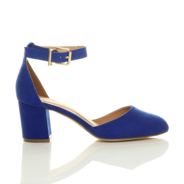 Right side view of Cobalt Blue Suede Mid Block Heel Ankle Strap Sandals Court Shoes