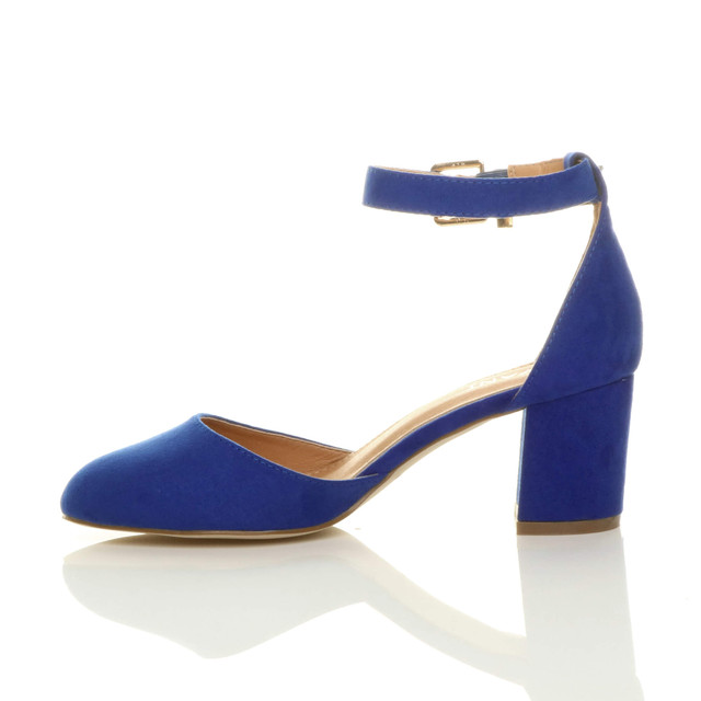 Left side view of Cobalt Blue Suede Mid Block Heel Ankle Strap Sandals Court Shoes