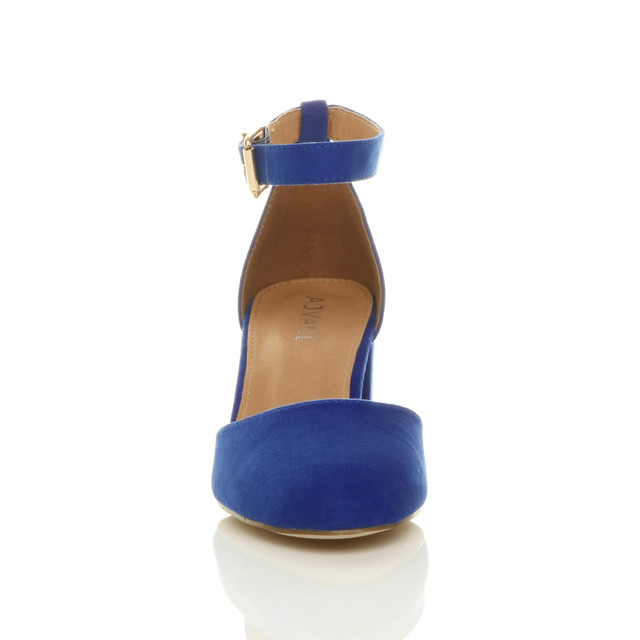 Front view of Cobalt Blue Suede Mid Block Heel Ankle Strap Sandals Court Shoes