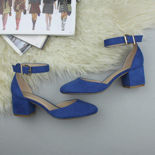 Cobalt Blue Suede Mid Block Heel Ankle Strap Sandals Court Shoes