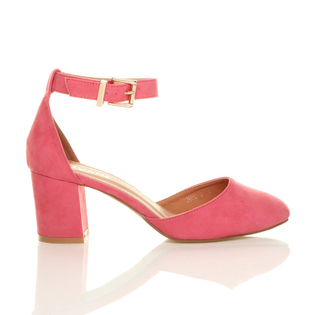 Right side view of Coral Suede Mid Block Heel Ankle Strap Sandals Court Shoes