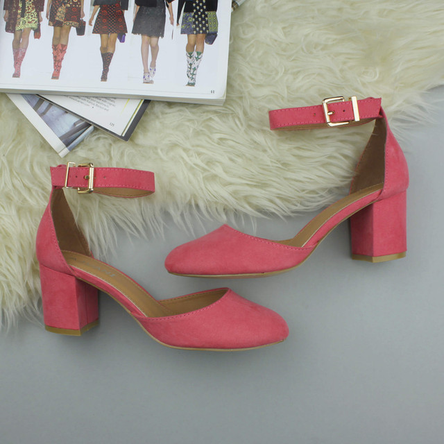 Coral Suede Mid Block Heel Ankle Strap Sandals Court Shoes