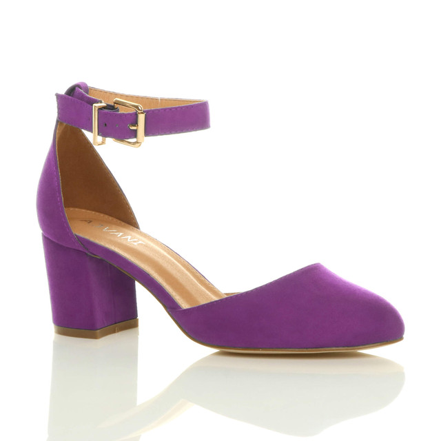 Front right side view of Purple Suede Mid Block Heel Ankle Strap Sandals Court Shoes
