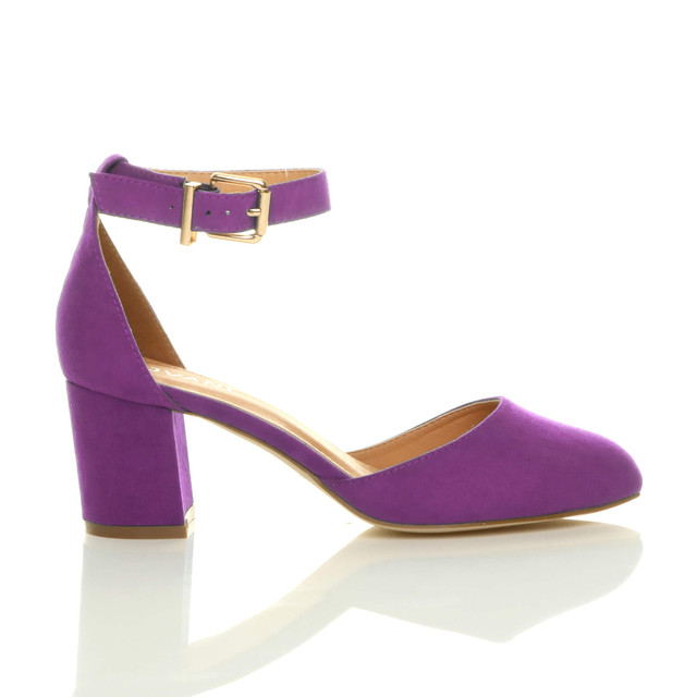 Right side view of Purple Suede Mid Block Heel Ankle Strap Sandals Court Shoes