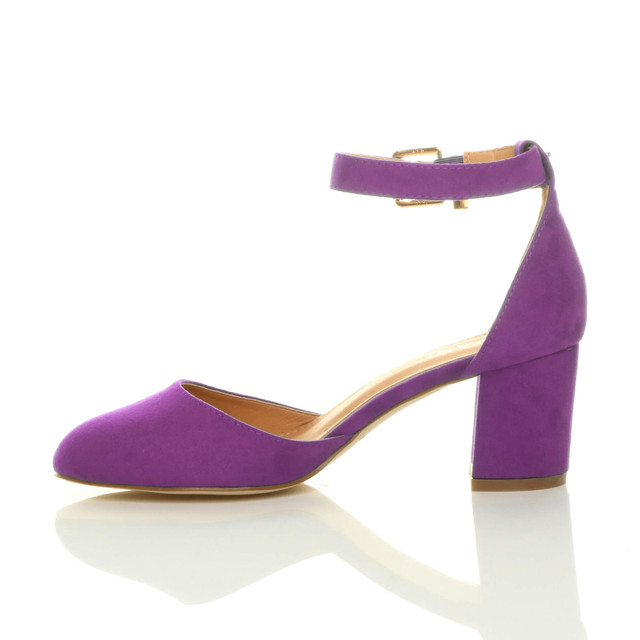 Left side view of Purple Suede Mid Block Heel Ankle Strap Sandals Court Shoes