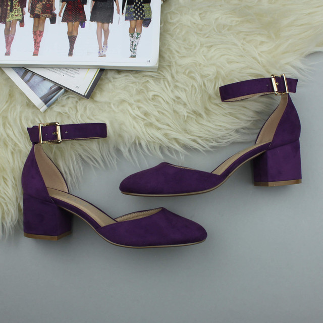 Closeup view of features of Purple Suede Mid Block Heel Ankle Strap Sandals Court Shoes
