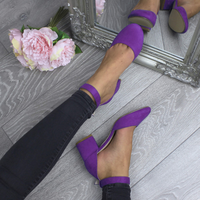 Model wearing Purple Suede Mid Block Heel Ankle Strap Sandals Court Shoes