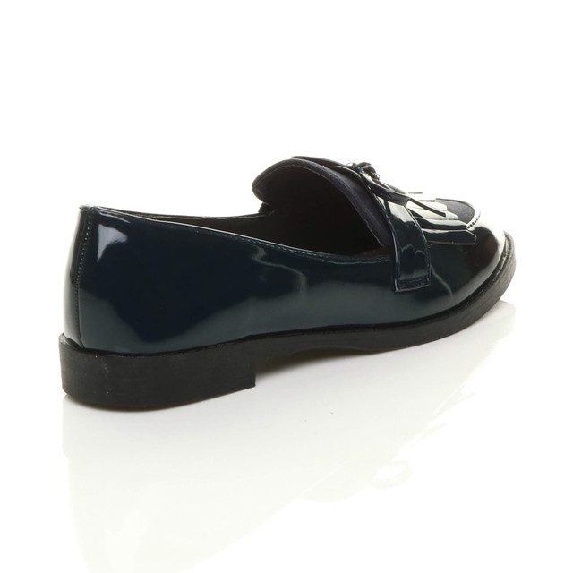 Back right side view of Navy Patent Flat Low Heel Fringed Loafers Casual Smart Shoes