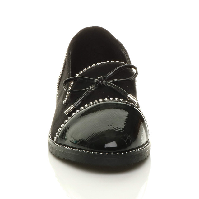 Front view of Black Suede Flat Low Heel Bow Beaded Studded Loafers Shoes