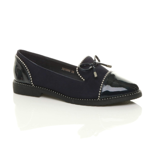 Front right side view of Navy Suede Flat Low Heel Bow Beaded Studded Loafers Shoes