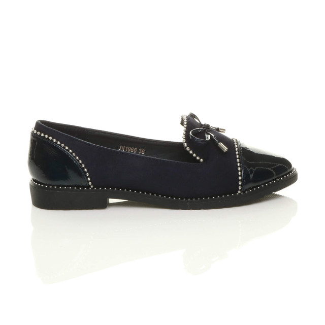 Right side view of Navy Suede Flat Low Heel Bow Beaded Studded Loafers Shoes