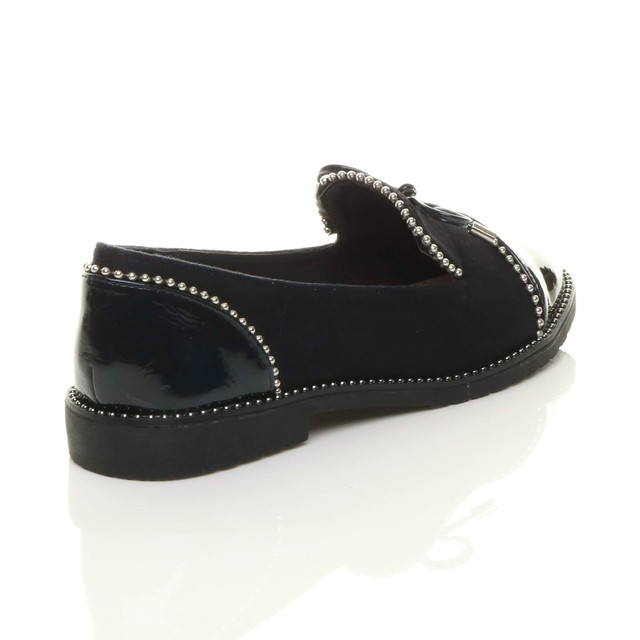 Back right side view of Navy Suede Flat Low Heel Bow Beaded Studded Loafers Shoes