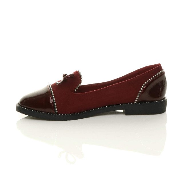 Left side view of Burgundy Suede Flat Low Heel Bow Beaded Studded Loafers Shoes