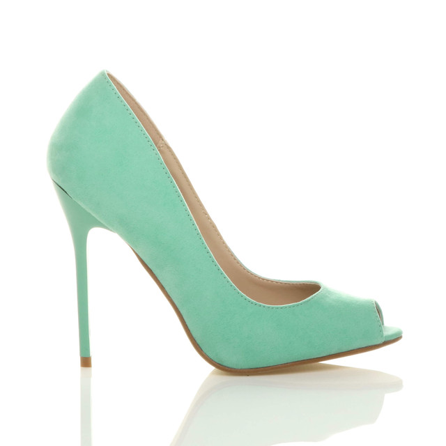 Right side view of Mint Suede High Heel Stiletto Peep Toe Court Shoes Sandals