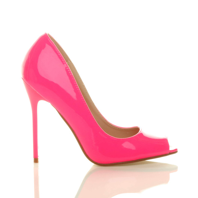 Right side view of Neon Fuchsia Patent High Heel Stiletto Peep Toe Court Shoes Sandals