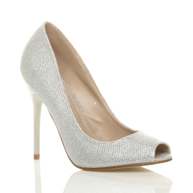 Front right side view of Silver Glitter High Heel Stiletto Peep Toe Court Shoes Sandals