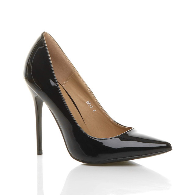 Front right side view of Black Patent High Heel Pointed Court Shoes