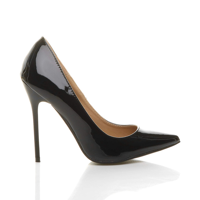 Right side view of Black Patent High Heel Pointed Court Shoes