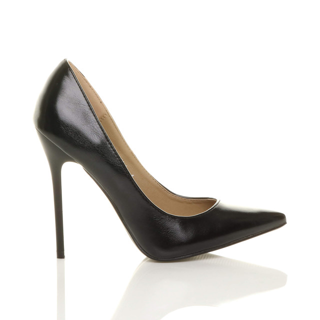 Right side view of Black PU High Heel Pointed Court Shoes