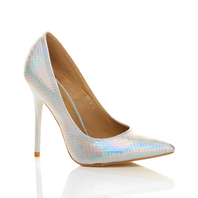 Front right side view of Silver Mermaid PU High Heel Pointed Court Shoes