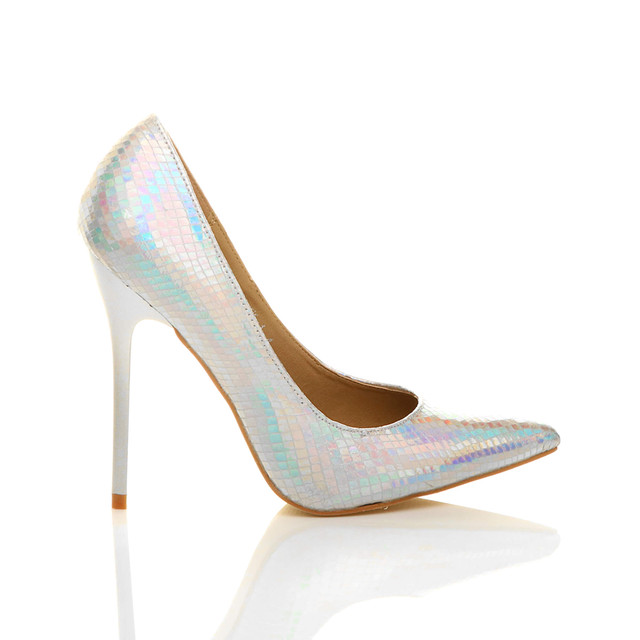 Right side view of Silver Mermaid PU High Heel Pointed Court Shoes