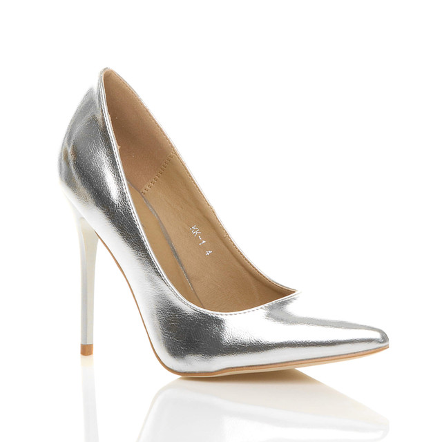 Front right side view of Silver PU High Heel Pointed Court Shoes