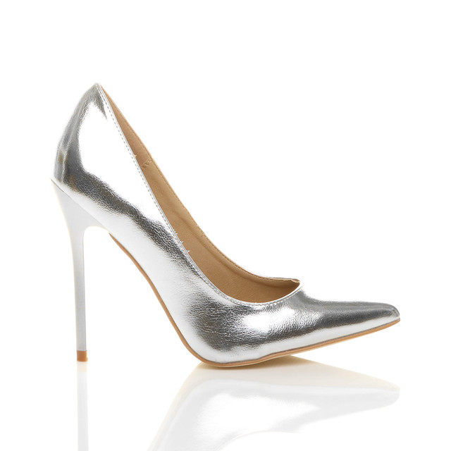 Right side view of Silver PU High Heel Pointed Court Shoes