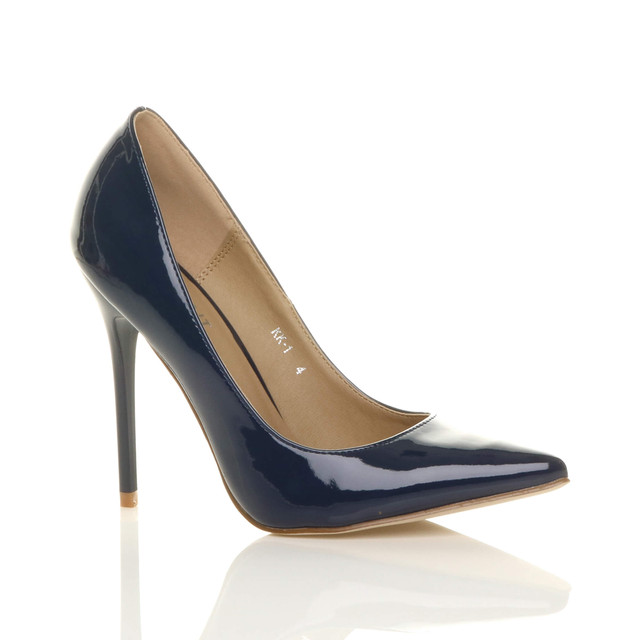 Front right side view of Navy Patent High Heel Pointed Court Shoes